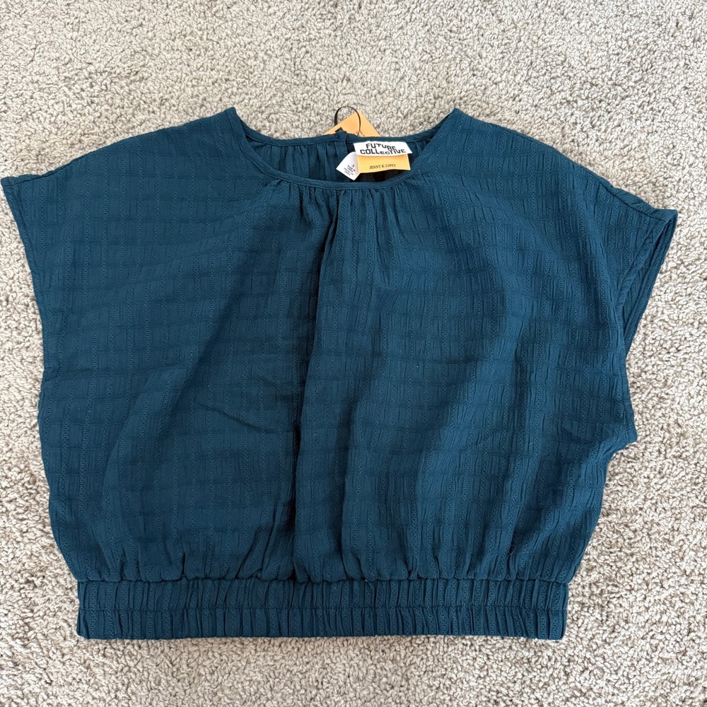 Future‎ Collective Jenny K Lopez Teal Blue Textured Cropped Blouse Size Small